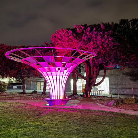 ConcentriCity stainless steel public art structure showing parametric design and patterned surface with integrated lighting
