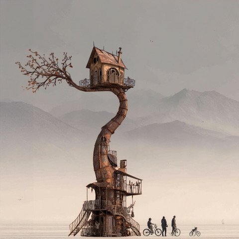 Above and Below large-scale immersive public art installation at Burning Man featuring a beanstalk structure connecting a ground-level house and elevated cottage in the sky